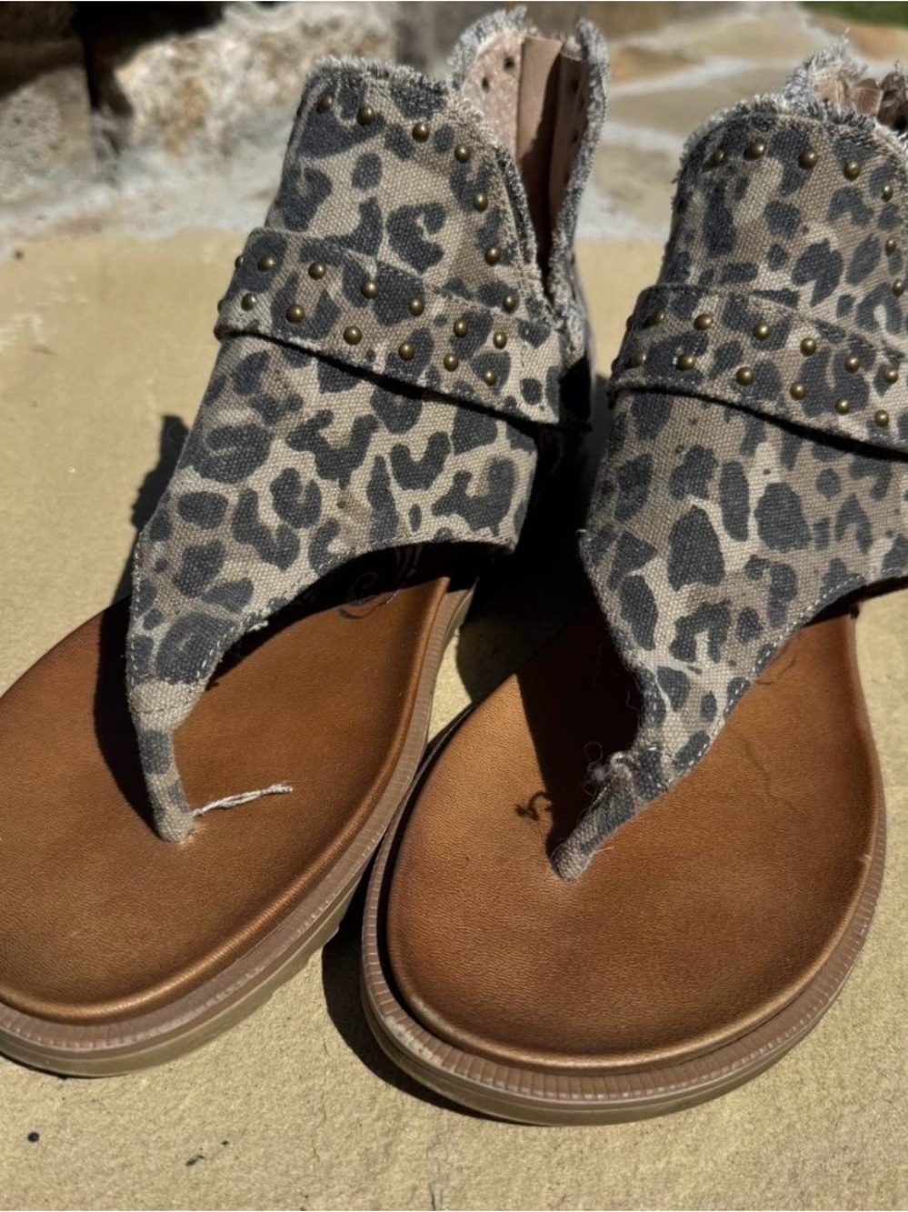Very G Leopard Print Studded Thong Sandals in Brown and Black